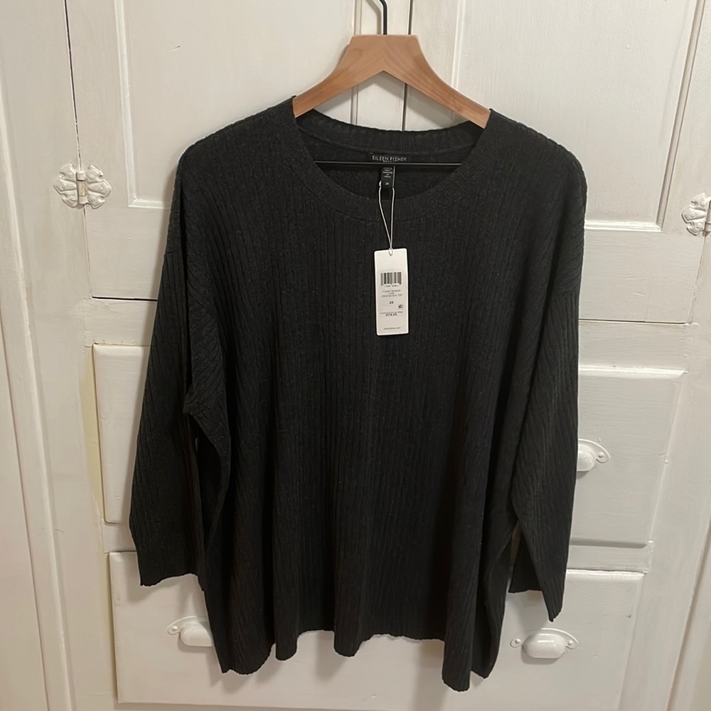 Eileen Fisher Woman 2X Charcoal Cotton-blend Ribbed Crew Neck Sweater